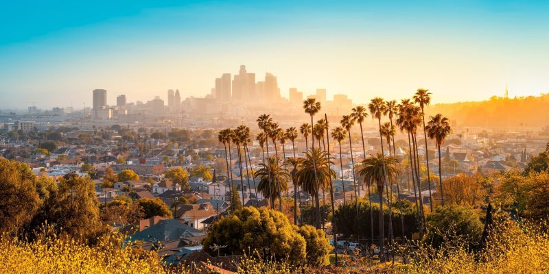the skyline of los angeles during sunset